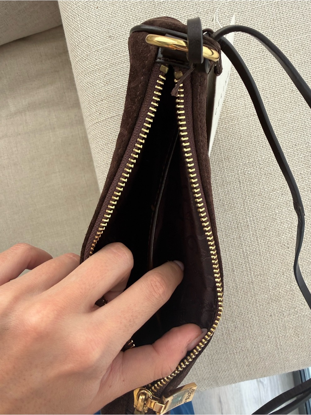 Celine Dark Brown Suede Shoulder Bag with Gold Hardware - Picture 7 of 8